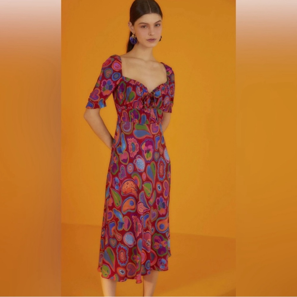 FARM RIO Red Lisa Midi Dress Heart Print Tie Front Ruffle neck Smocked